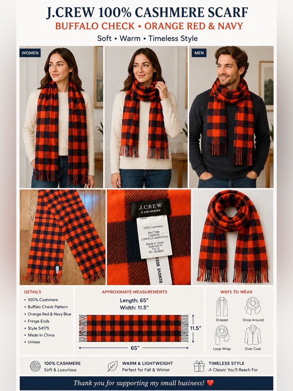 J.Crew 100% Cashmere Buffalo Check Scarf orange Navy Fringe 65” Unisex EUC